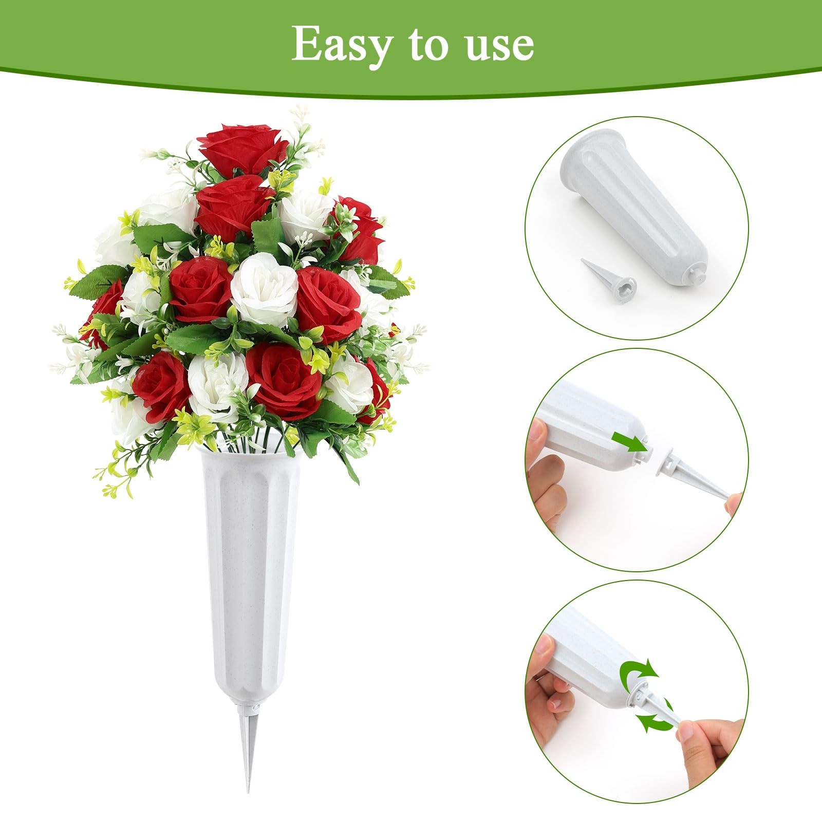 2pcs Artificial Cemetery Flowers with Vase, Silk Memorial Day Rose Flowers Bo…