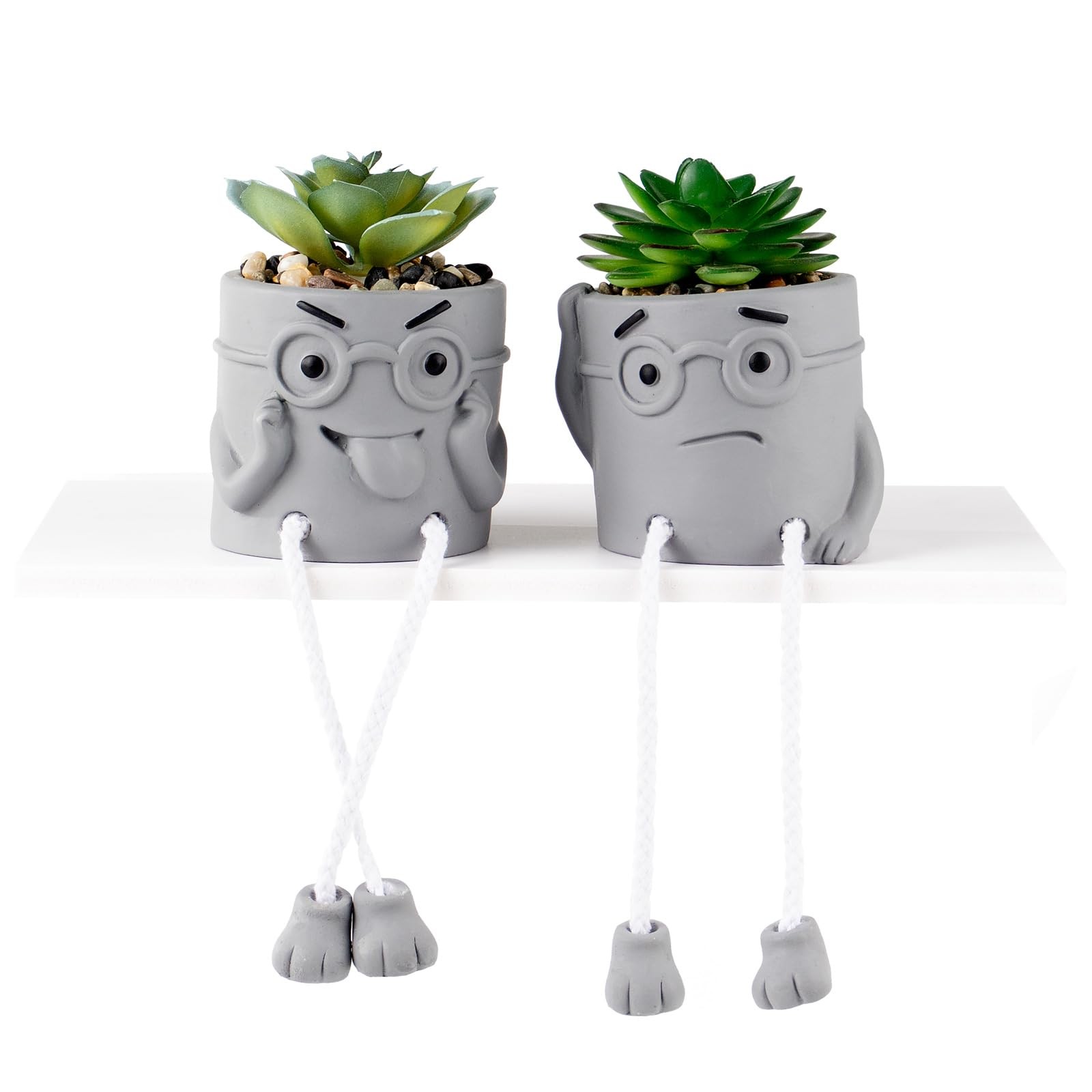2 PCS Gray Cute Fake Succulent Plant Shelf Sitter Dangling Leg Desk Decor