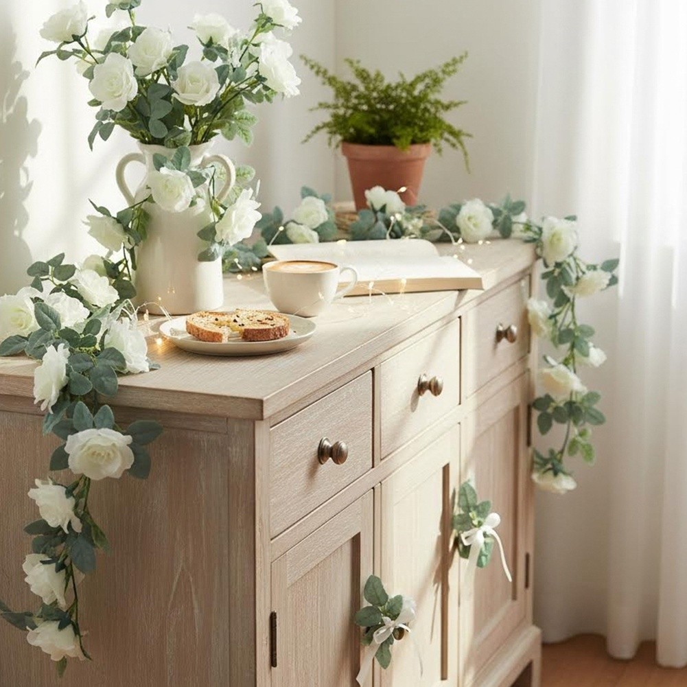White Rose Garland 86.6 inches with Reinforced Wire Stem for Stability