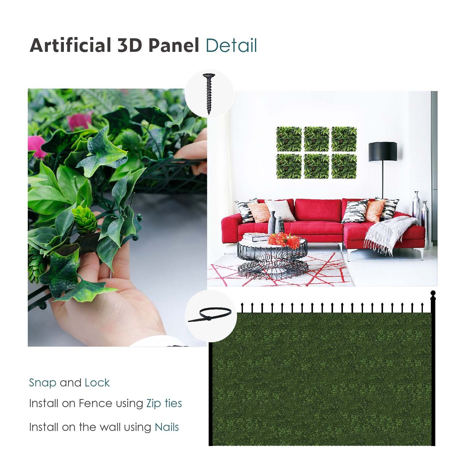 20″x20″ Artificial Faux #7 3D Mixed Panel Leaf Privacy Fence Screen Decor Hedge