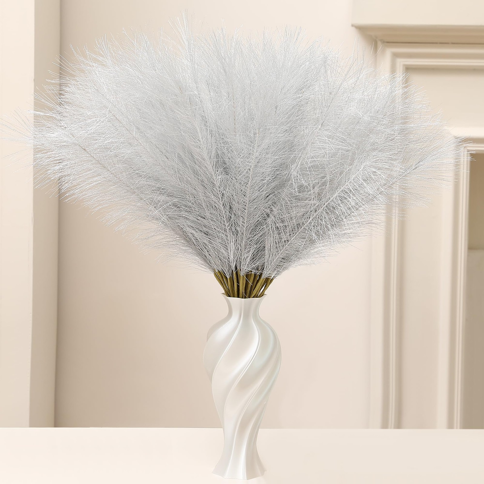 Faux Silver Pampas Grass 30 PCS 24 Inch Short Artificial Decor Fake Floral Vase