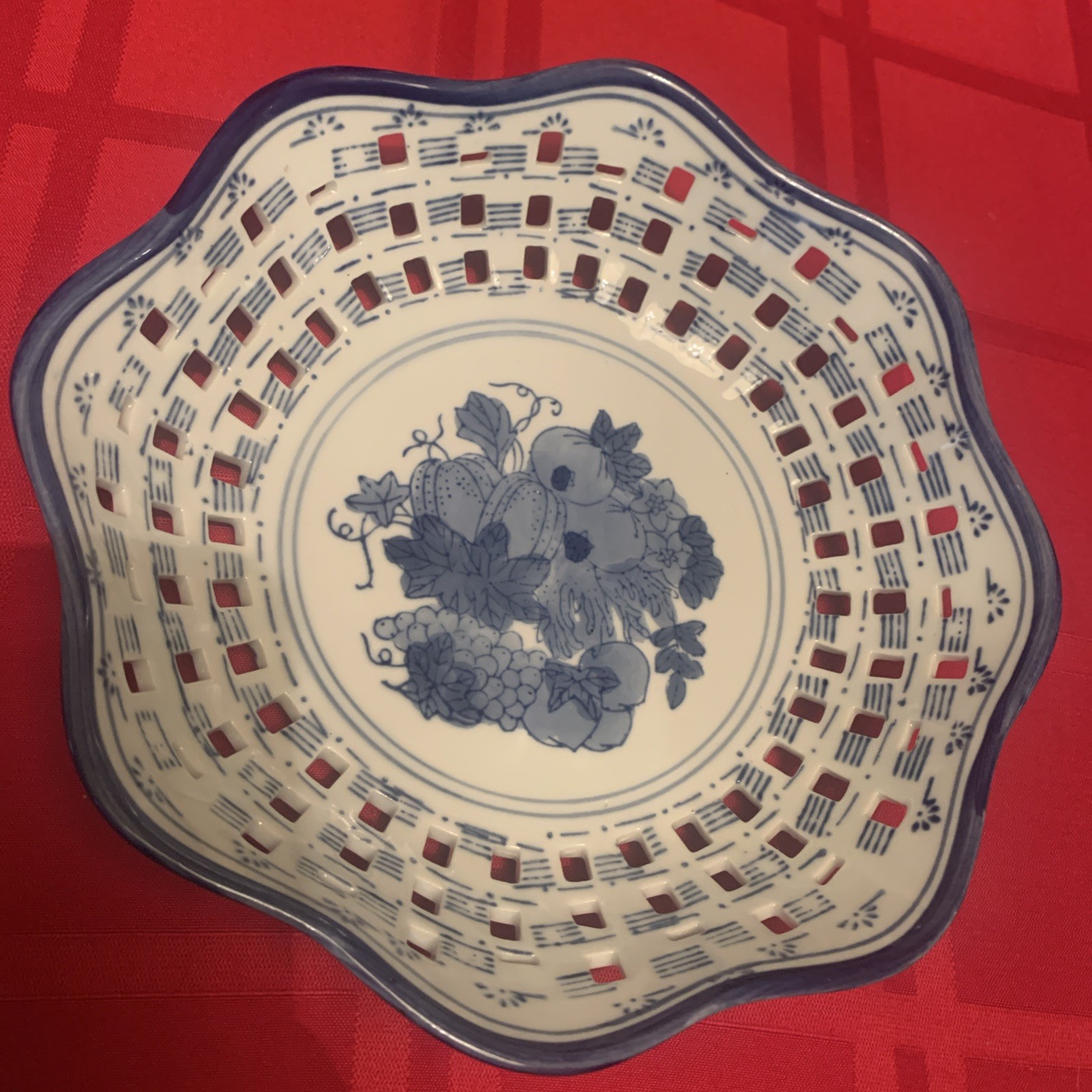 Ceramic Basketweave Fruit And Bread Bowl, Blue and White, Lattice Cut China 7.5″
