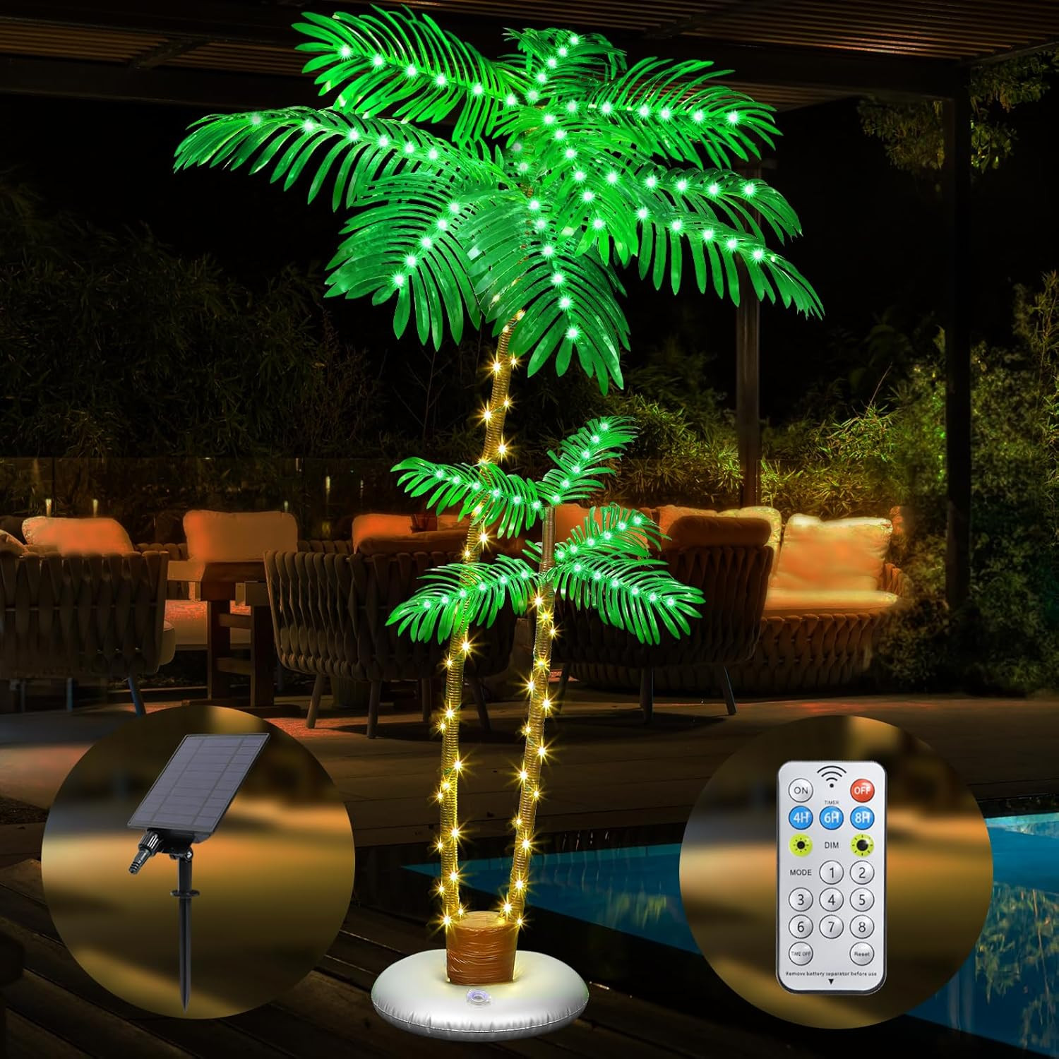 6FT Solar Lighted Palm Tree with 2 Trunks, IP65 Waterproof Artificial Palm Tree