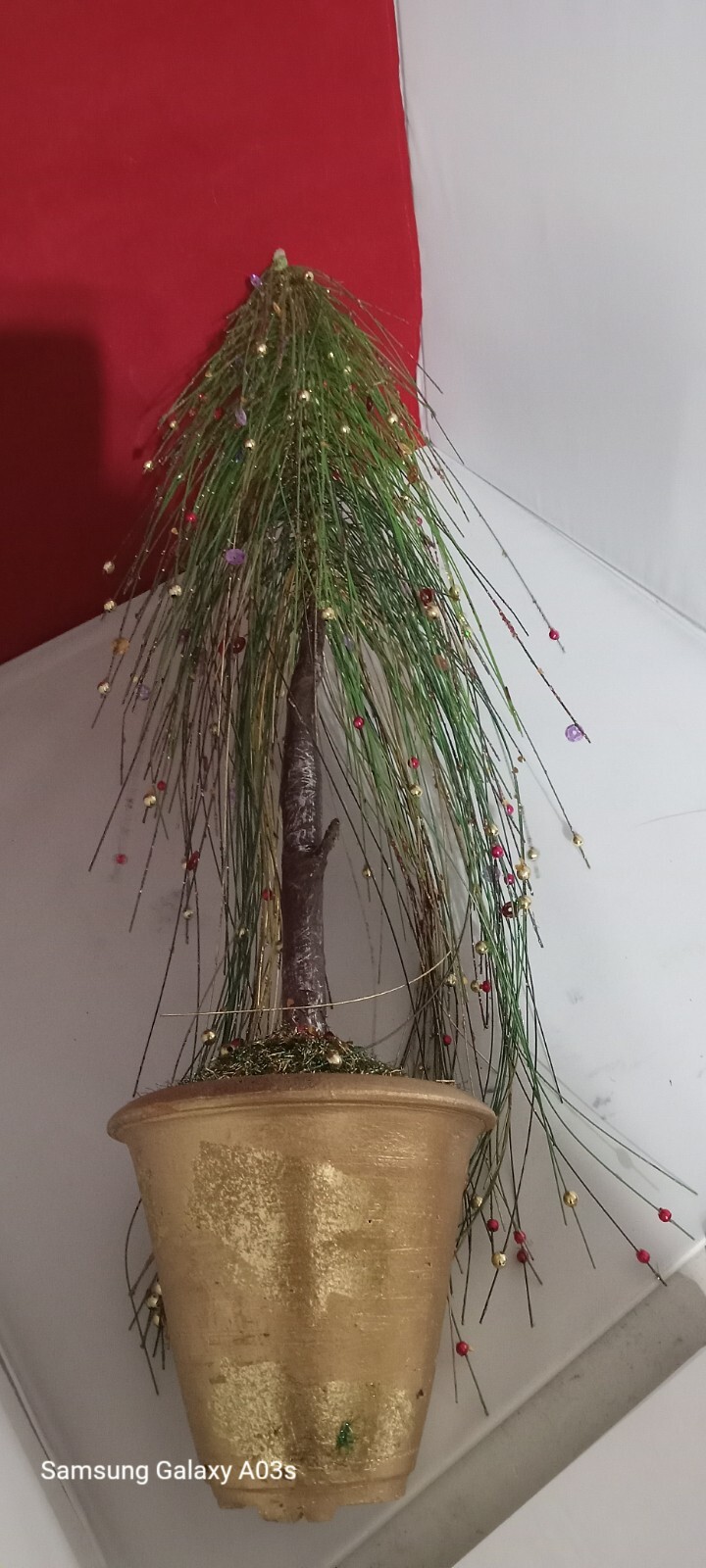Faux Long Needle Pine In Gold Pot 19″ Tall Wth Sparkles