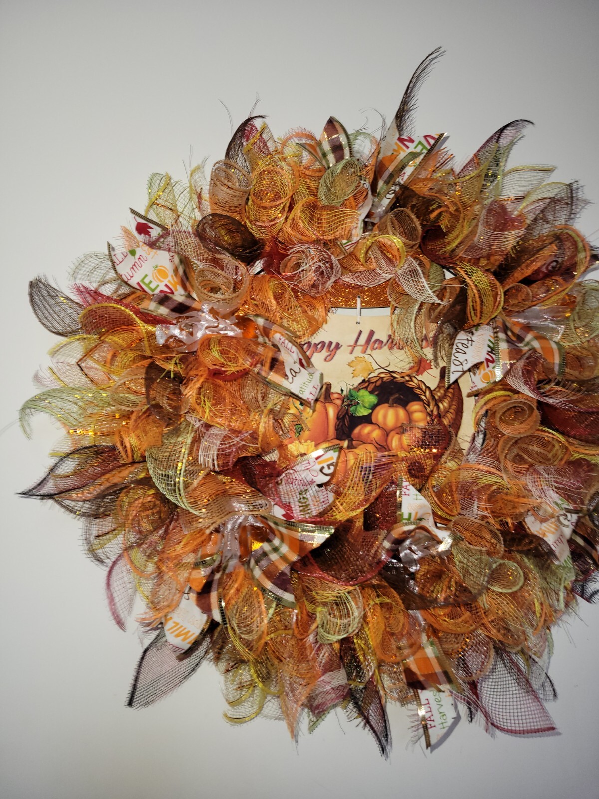 HAPPY HARVEST autumn Spring Mesh Front Door Wreath Wall Decor Bright colors