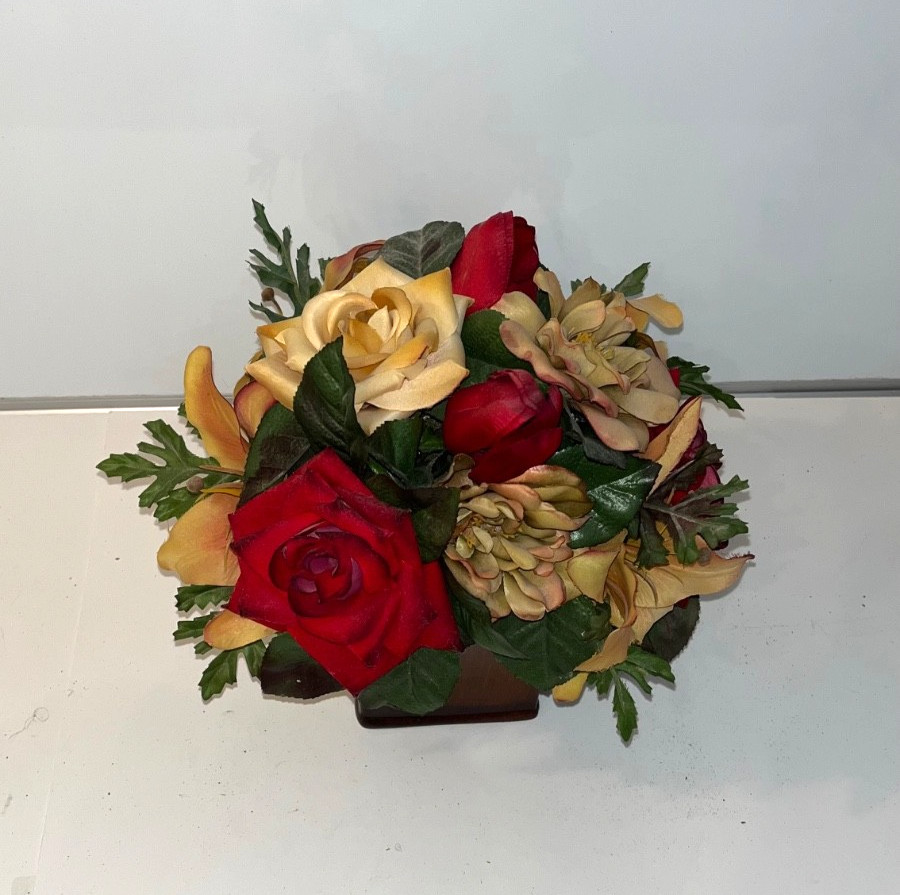 Red & Yellow Faux Flower Roses Centerpiece Beige Mahoga Brown Neutral Home Decor