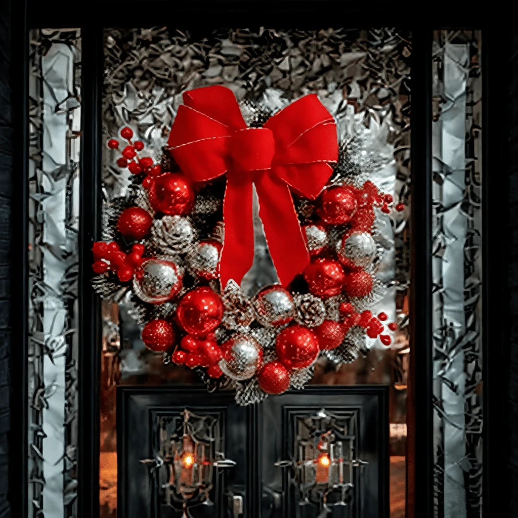 45cm/17.7in Christmas Wreath Front Door Flocked Pine Red Bow