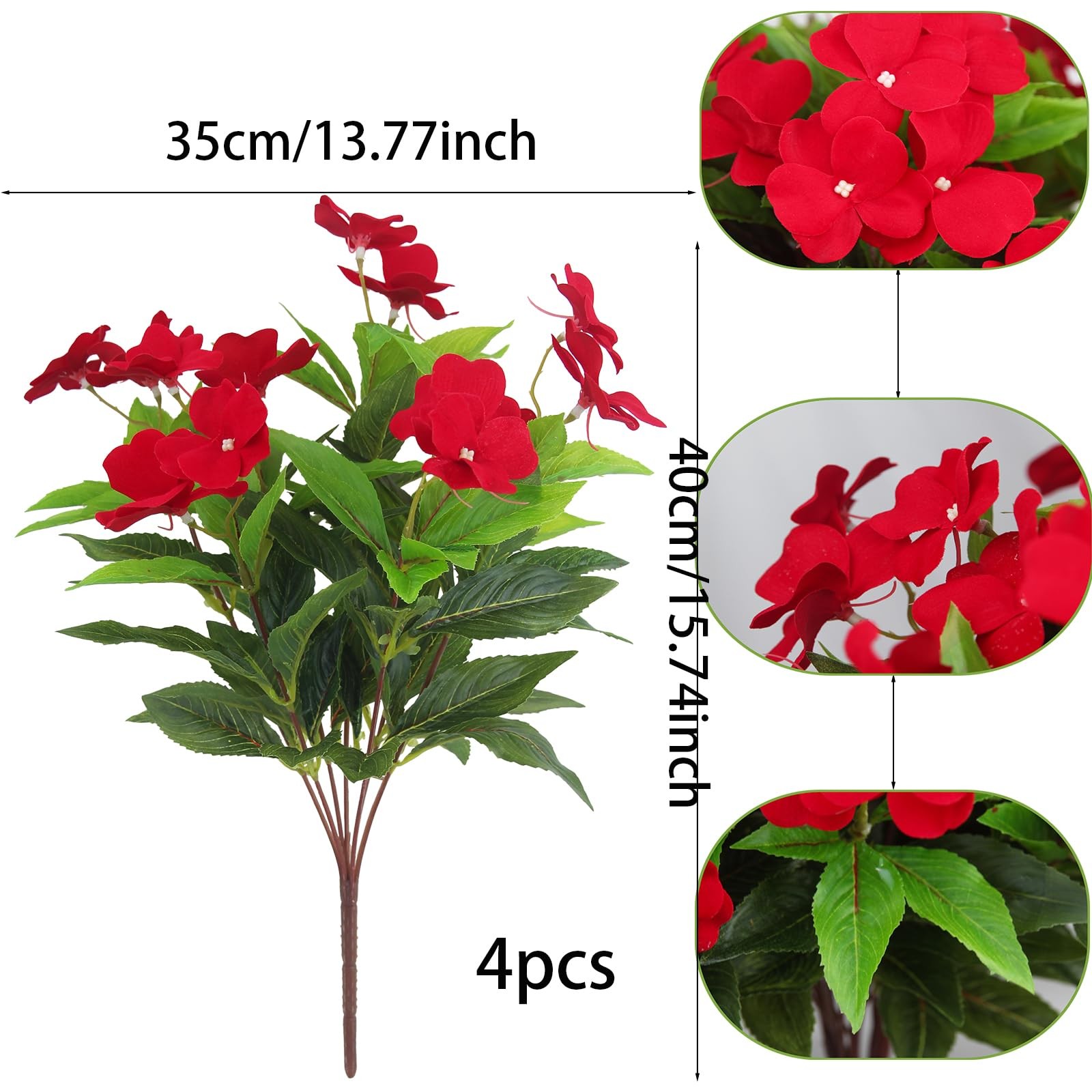 Artificial Outdoor Impatiens Flowers UV Resistant Faux Red Bushes 4PCS
