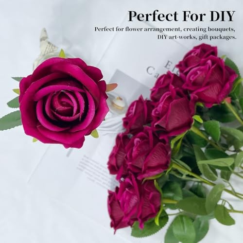10 PCS Artificial Roses with Long Stems Silk Flowers Realistic Foam Rose Red