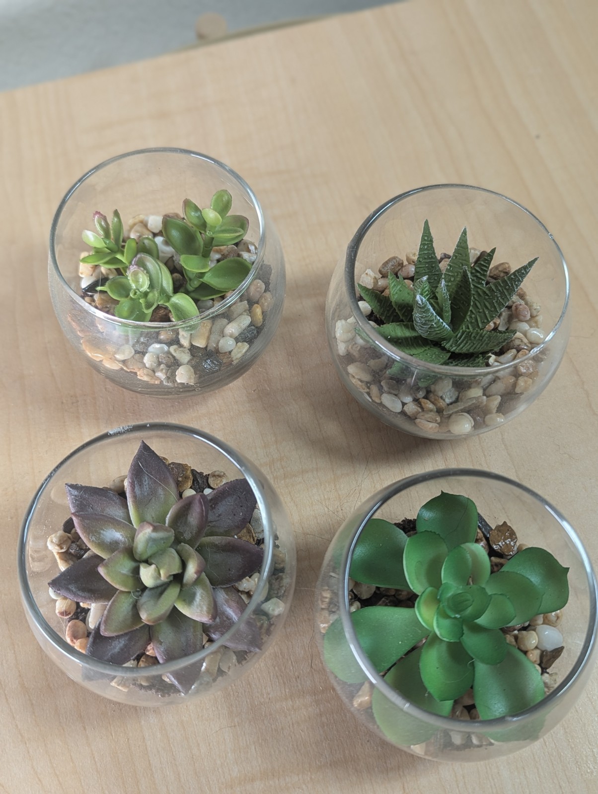 Set Of 4 Glass Bowls With Faux Succulents Pebbles Dirt 3″X3″