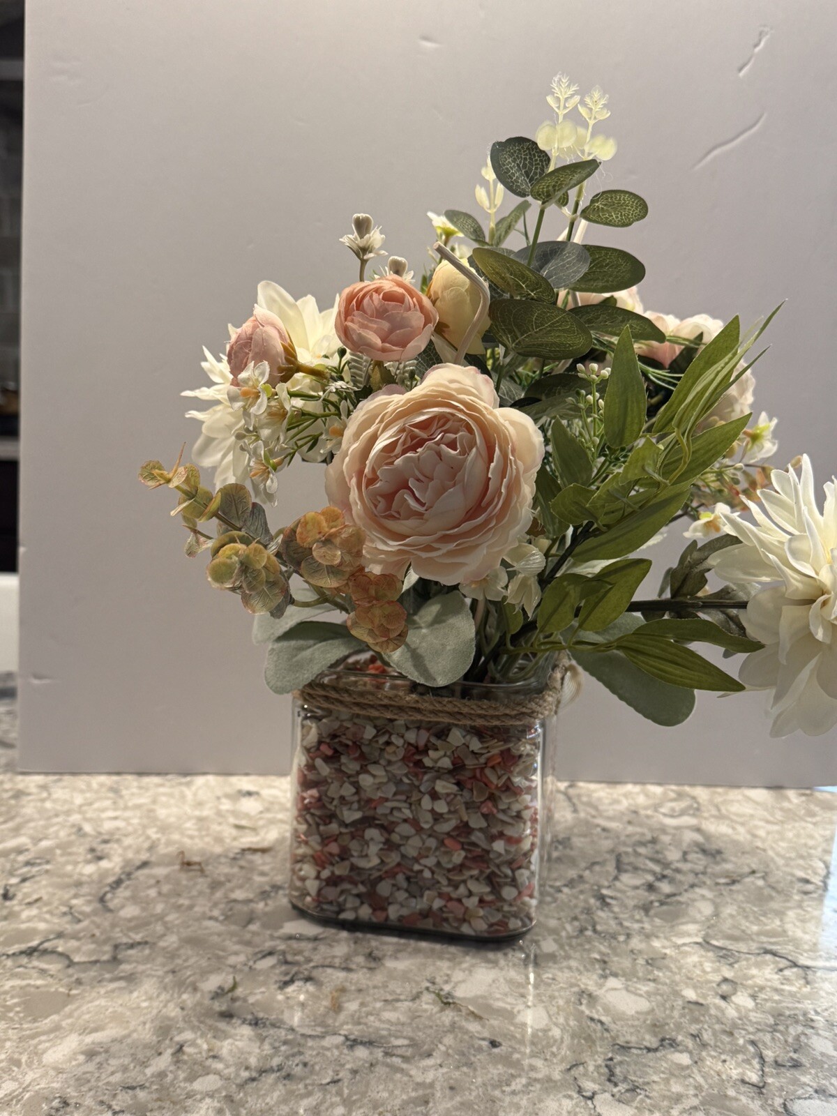 Spring Silk Floral Arrangement Clear Glass Vase Shell Chips Beach Decor