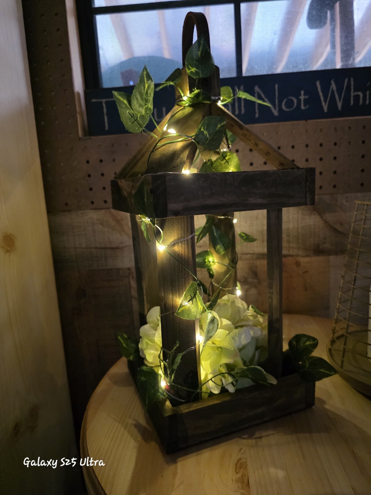 Rustic Indoor/Outdoor Wooden Lantern Centerpiec w/ Green Hydrangea Fairy Lights