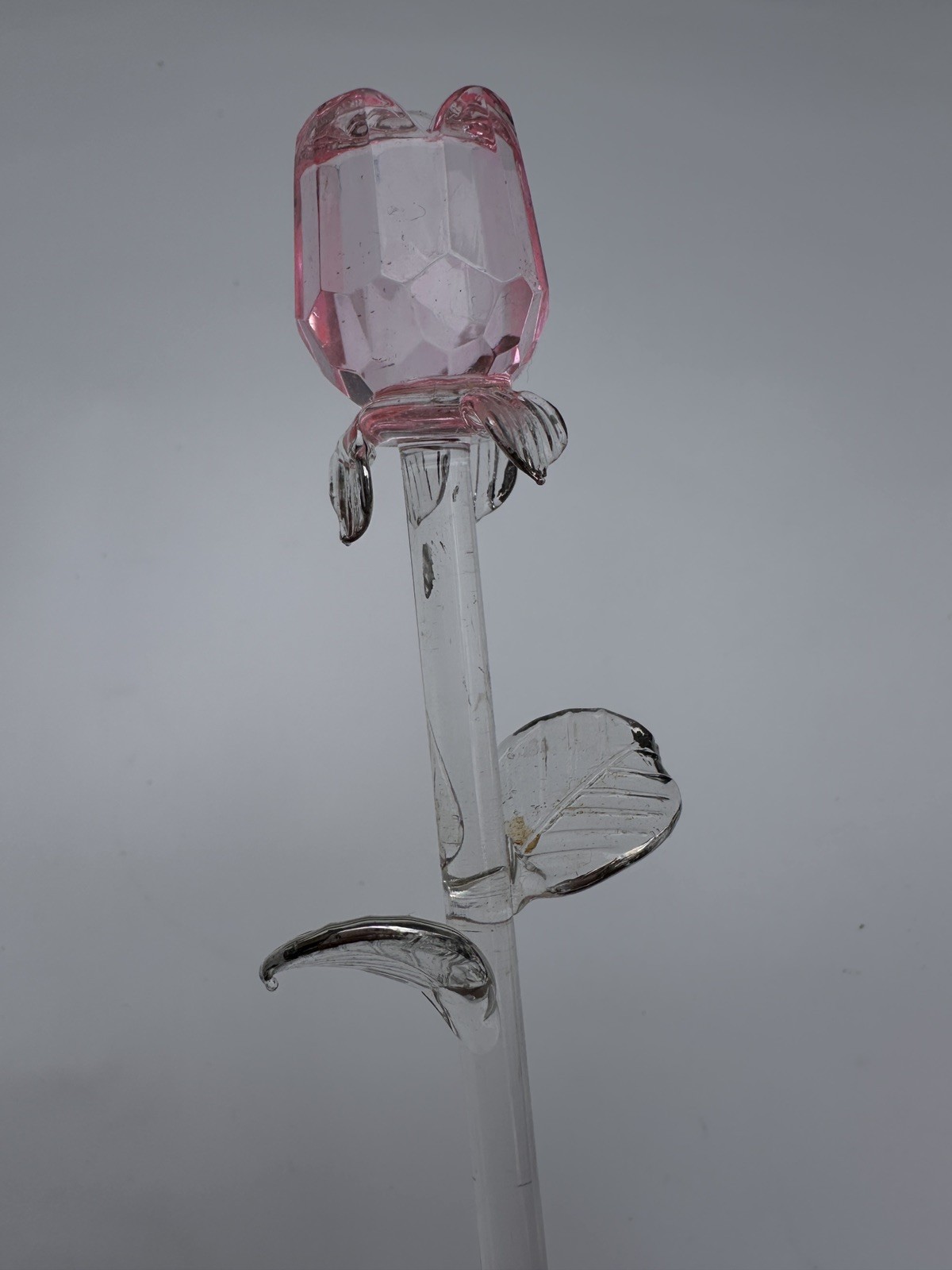 9” Pink Crystal Glass Rose Figurine Closed Bud Long Stem Flower Sculpture