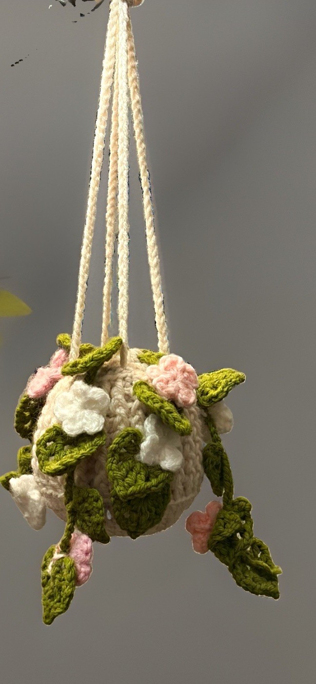 Handmade Crochet Hanging Floral Decor Ball, Artificial Flower Pink White Green