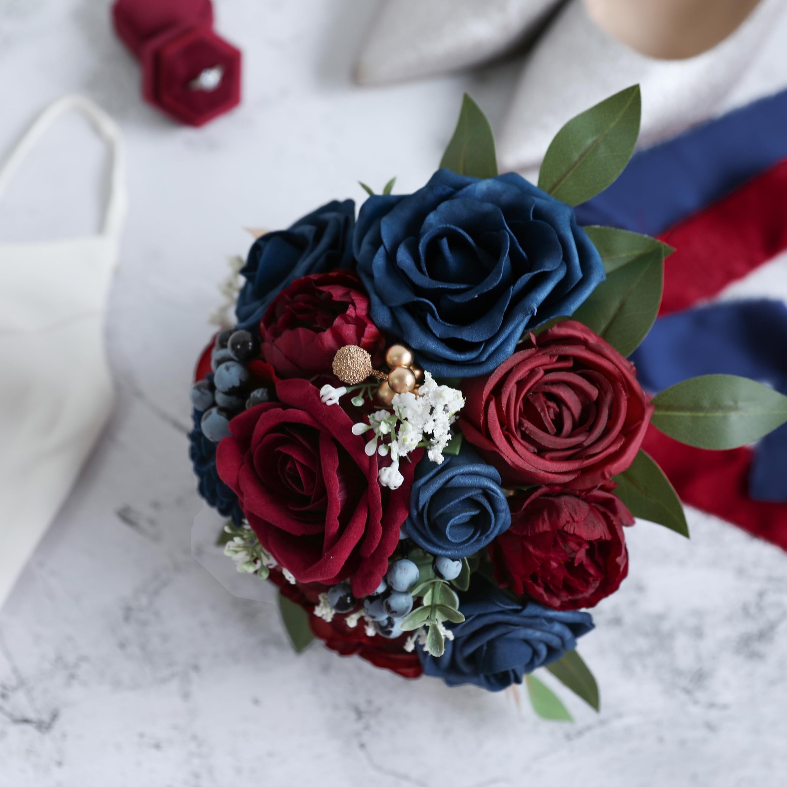 Navy Blue Burgundy Wedding Bouquets Bride Bridesmaid Artificial Roses
