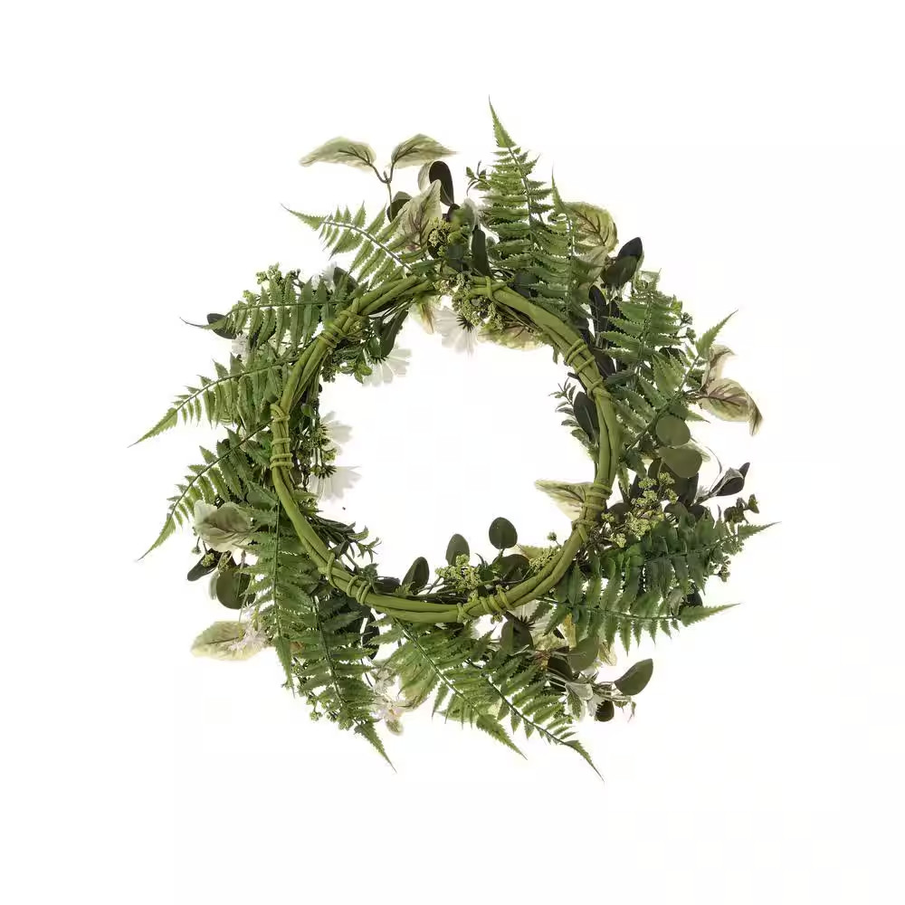 24 In. White, Green Artificial Daisy and Mix Greens Wreath 24 In.