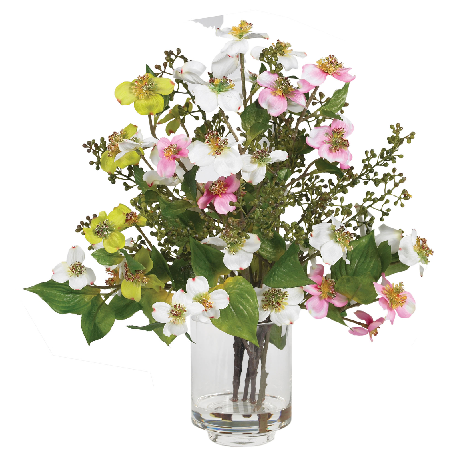 Dogwood Silk Flower Arrangement Glass Vase & Liquid Illusion