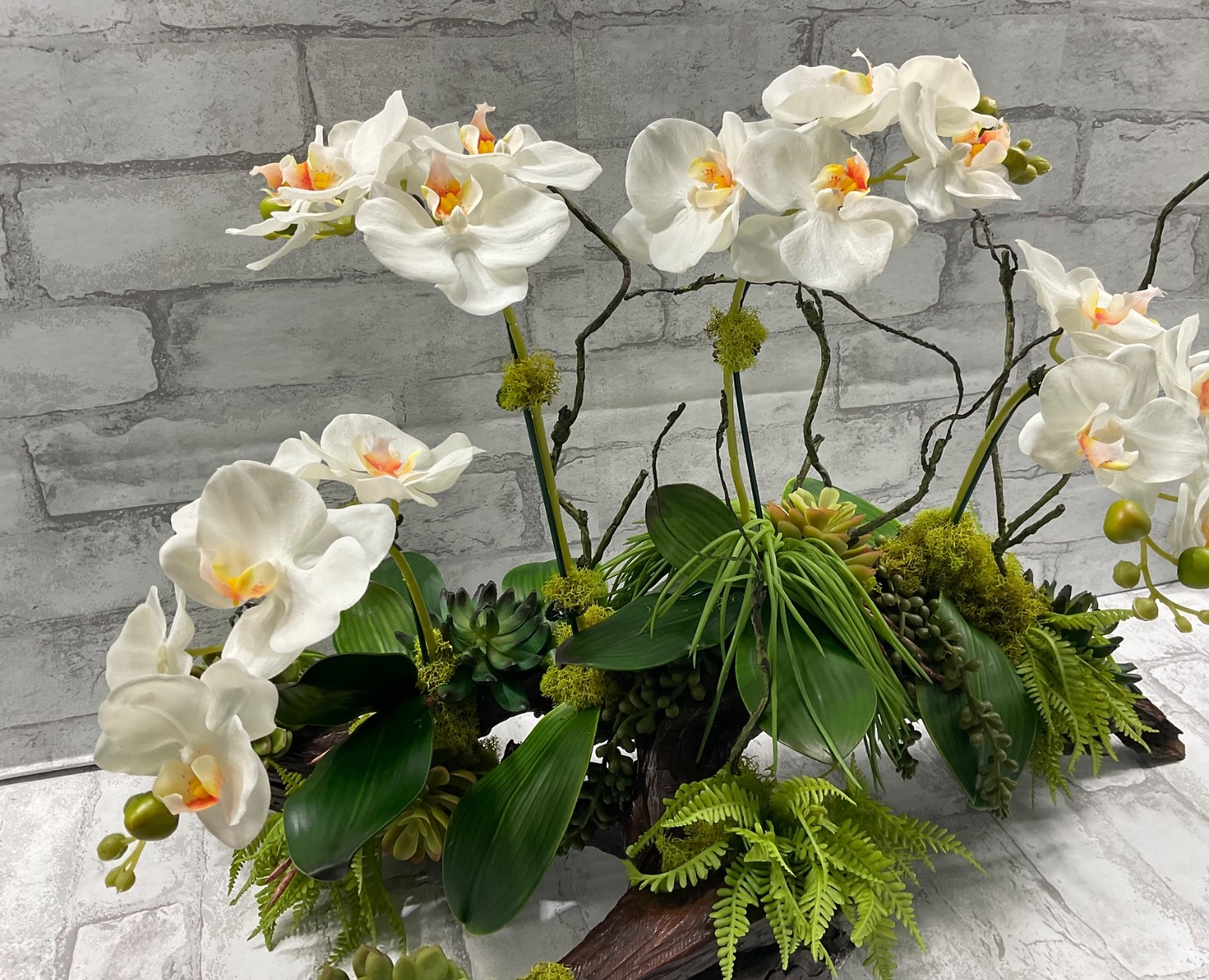 Large Driftwood Orchid Arrangement, White Real Touch Orchids Succulents 28’x17′