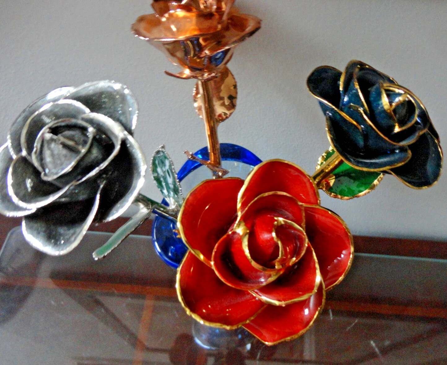 4 GLIDDED REAL ROSE GENUINE HAND DIPPED 24K GOLD LACQUER RED GOLDEN BLUE SILVER
