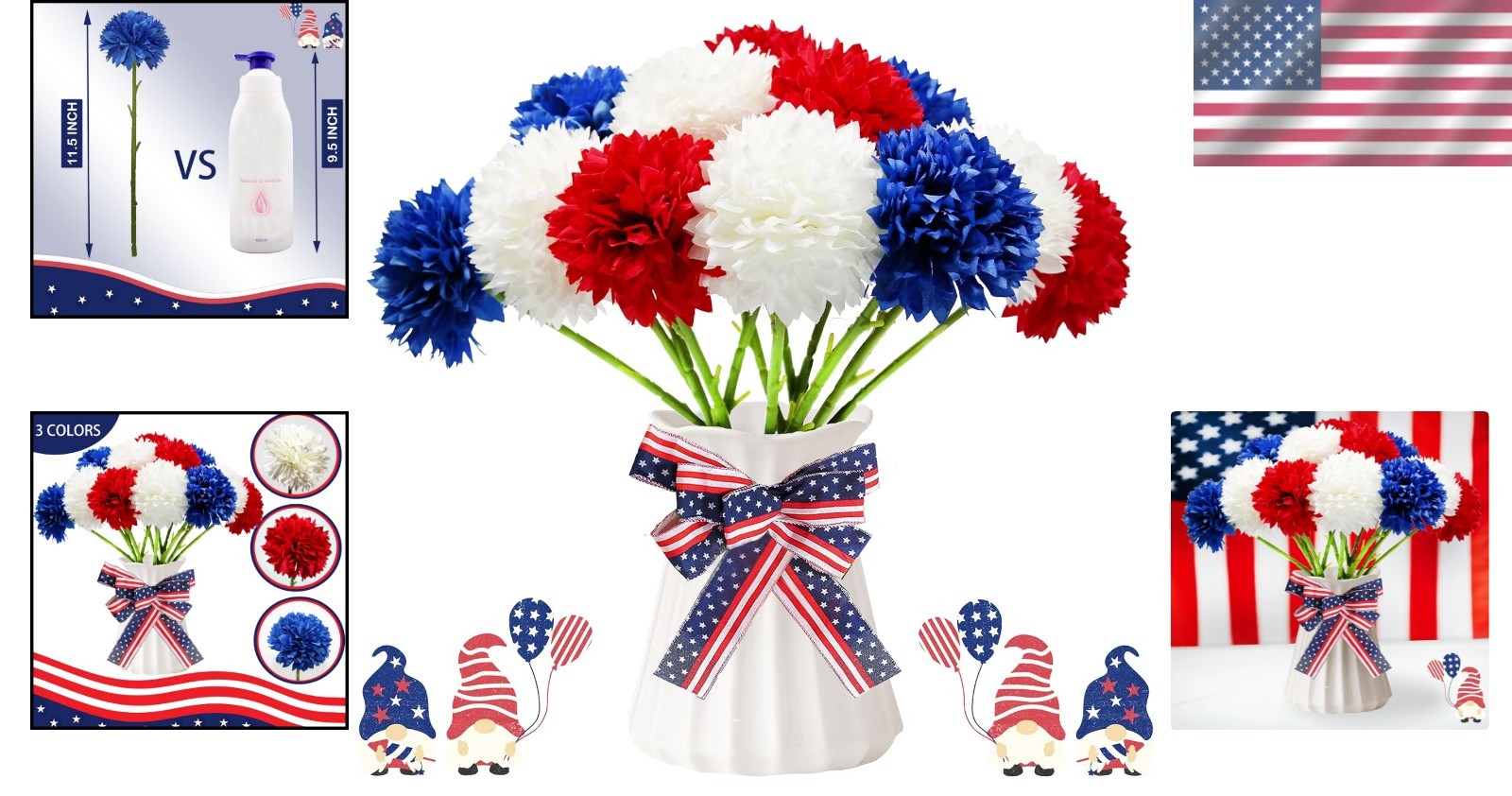 Patriotic 12-Pc Faux Chrysanthemum Bouquet in Red, White, and Blue for Events
