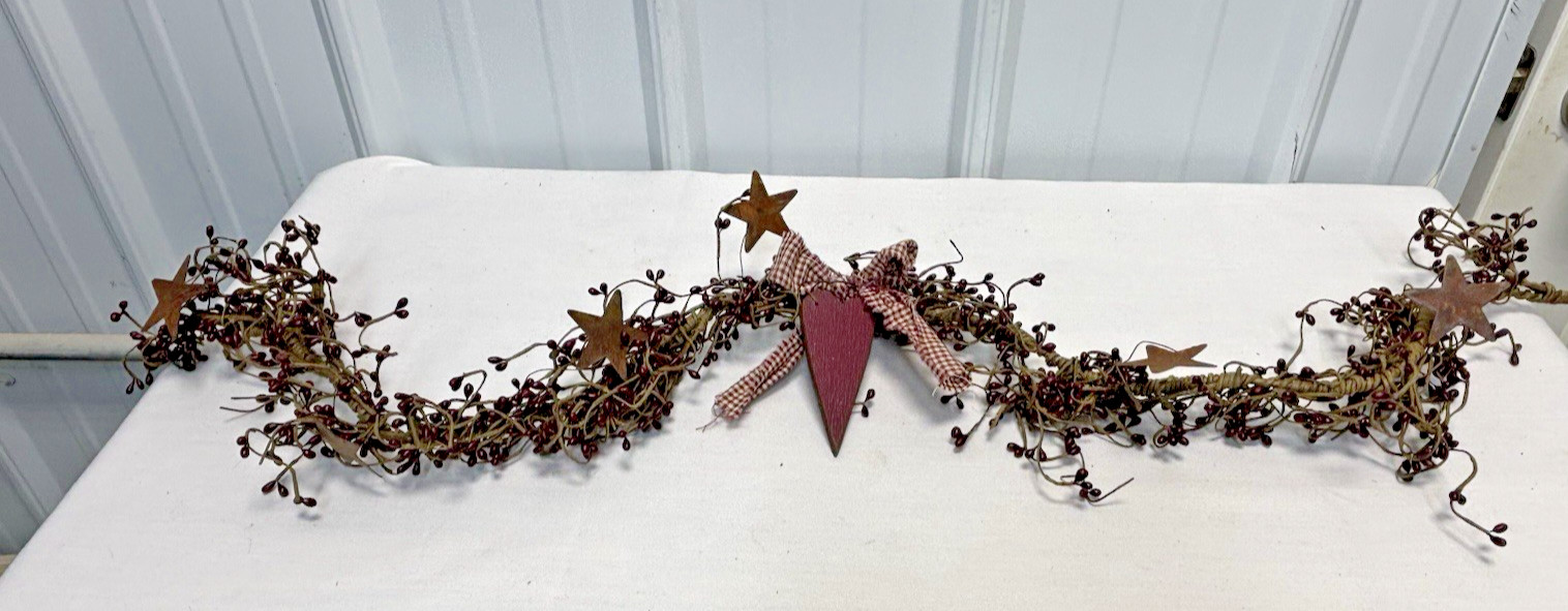 36″ Red/Burgundy Pip Berry Garland with 6 Rusty Stars & Burgundy Heart & Bow