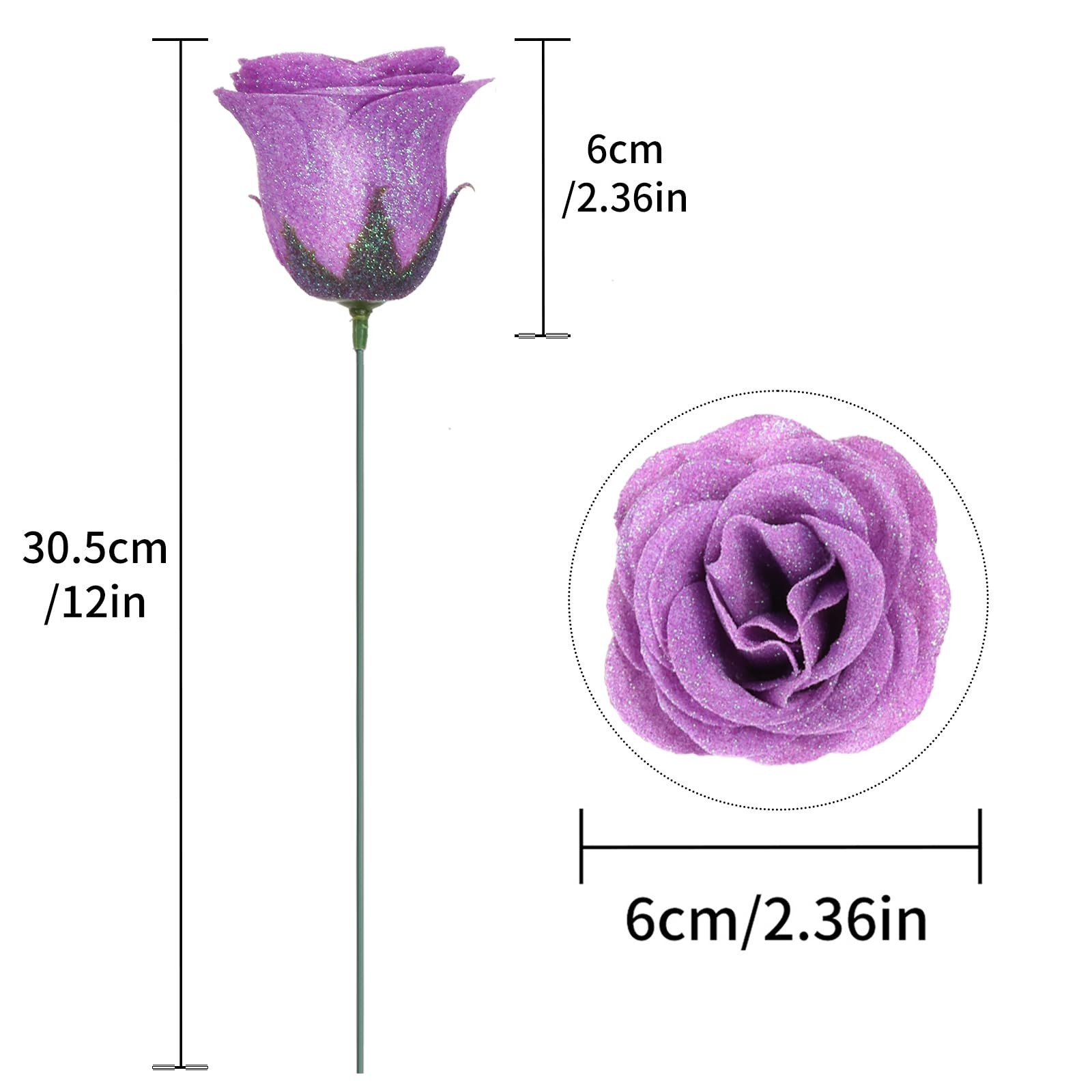 Rzoukler 30PCS Purple Glitter Roses Artificial Flowers Fake 12 inches,