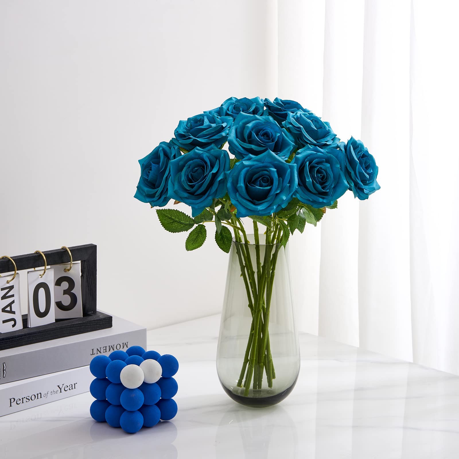 Teal Artificial Rose 10pcs Open Flower Bouquet Faux Rose Stems Turquoise Blue