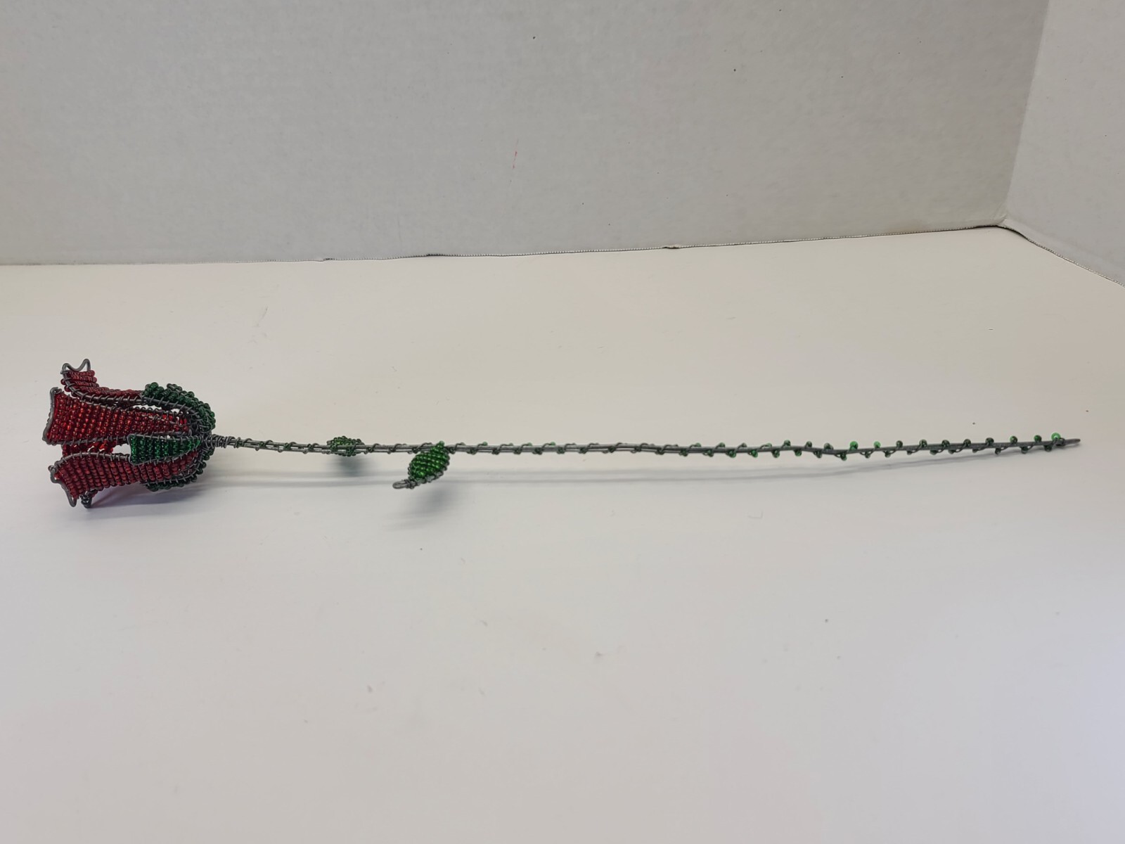 Red Rose Bud Vintage Glass Bead Long Stem Wire Folk Art Sculpture Beaded Flower