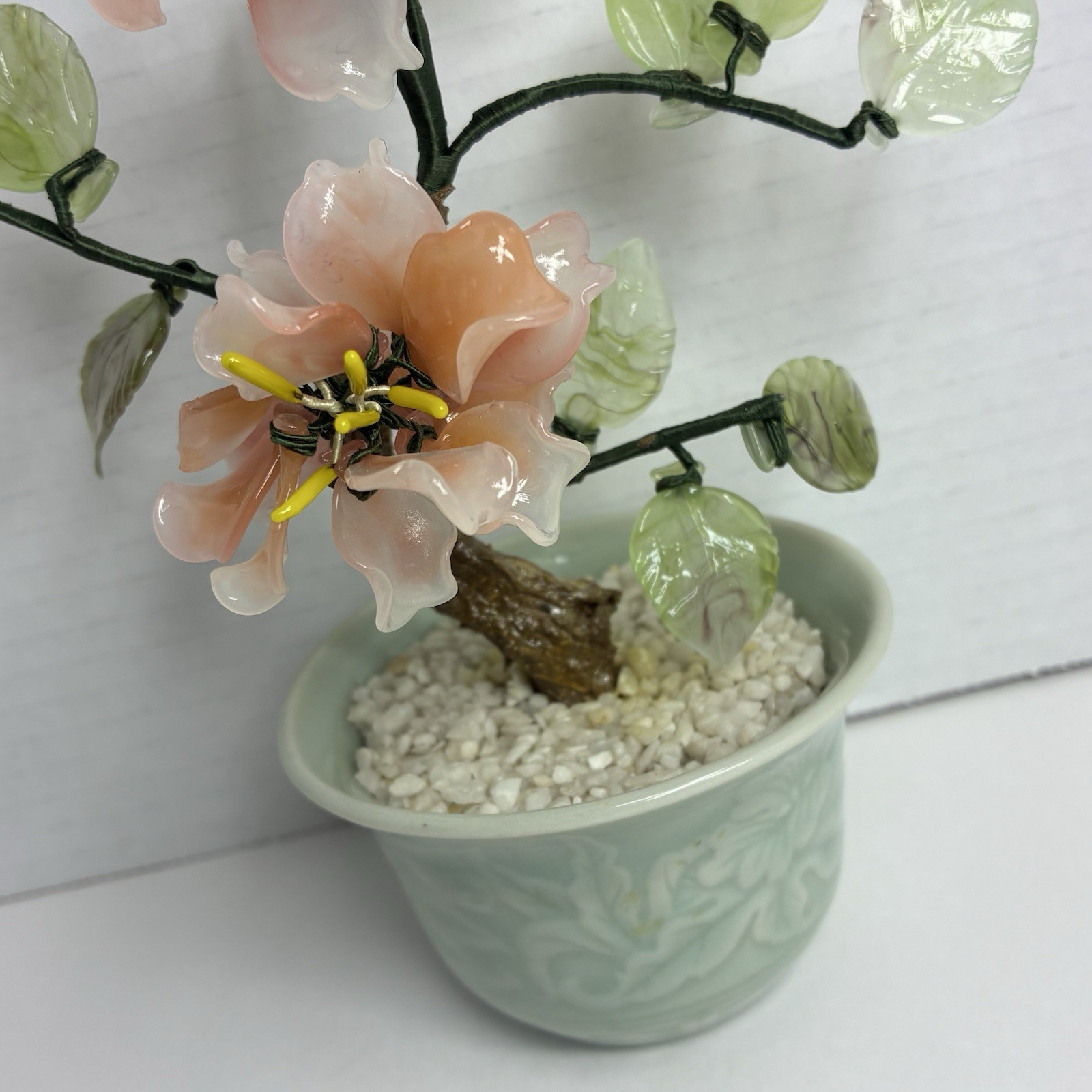 Vintage Glass Bonsai Flowering Tree In Decorative Pot -Pink Flowers Approx 9”