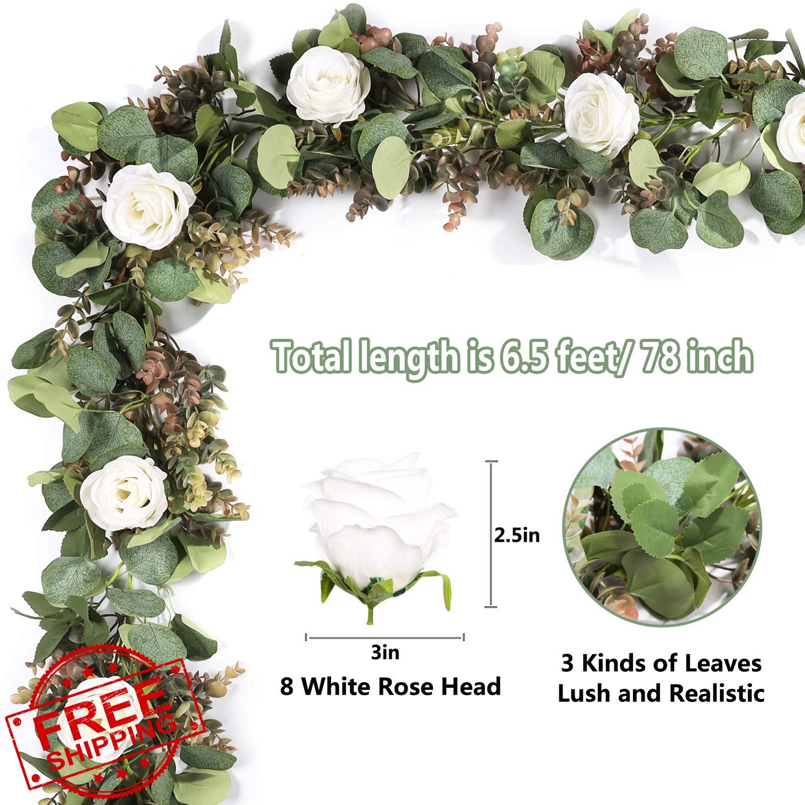 Der Rose rose eucalyptus garland White 1 Pc