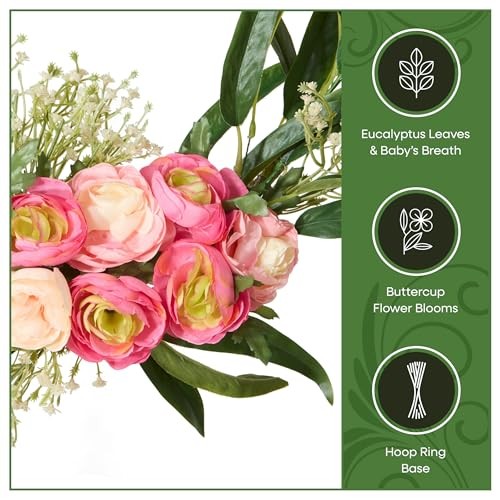 16 inch Artificial Eucalyptus and Buttercups Spring Wreath, Realistic Floral