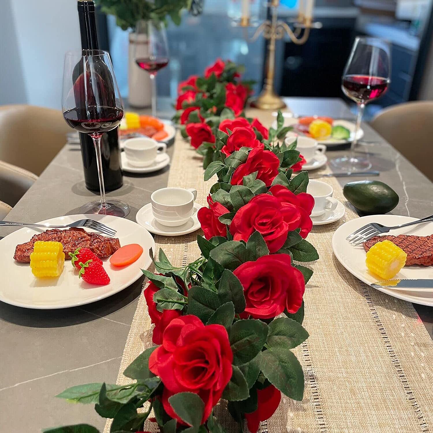 3× Garland Wall Silk Artificial Hanging Rose Red Flowers Vine Wedding Decor US