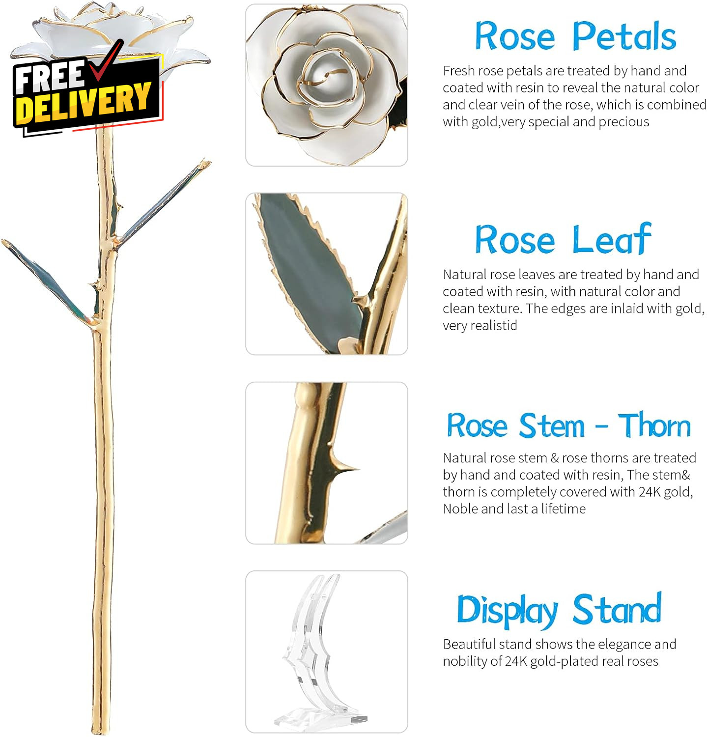 24K Gold Dipped Real Rose Gift w Stand White Gold Rose for Women Forever