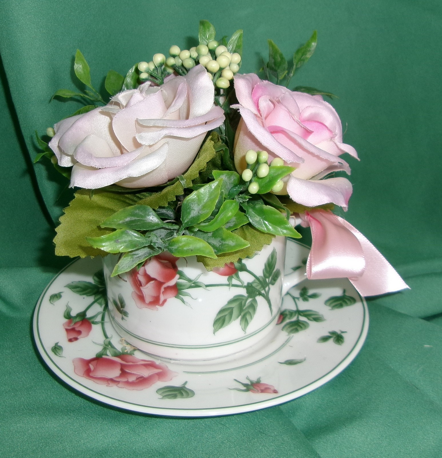 Floral Arrangement Vintage Cup Saucer Pink Silk Rose Home Decoration Accent New