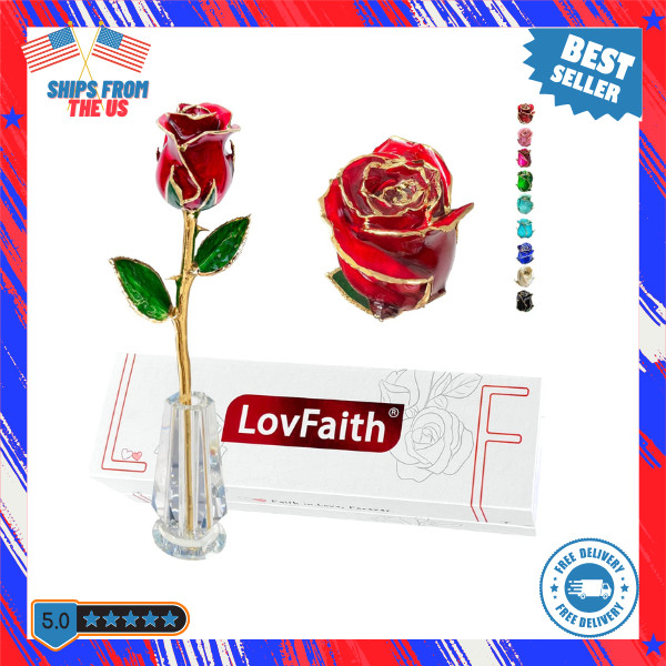 Red Real Rose Dipped in 24K Gold with Crystal Stand Anniversary Valentine Gift
