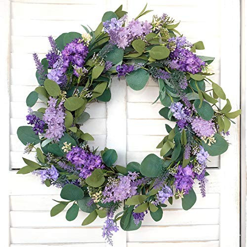 18”Artificial Flower Eucalyptus Leaves Wreath Rustic Farmhouse Purple