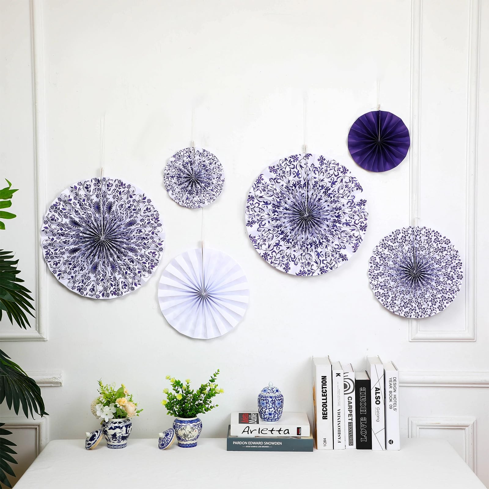 Wonderjune Chinoiserie Hanging Paper Fans Blue White 12 Pcs Party Decor