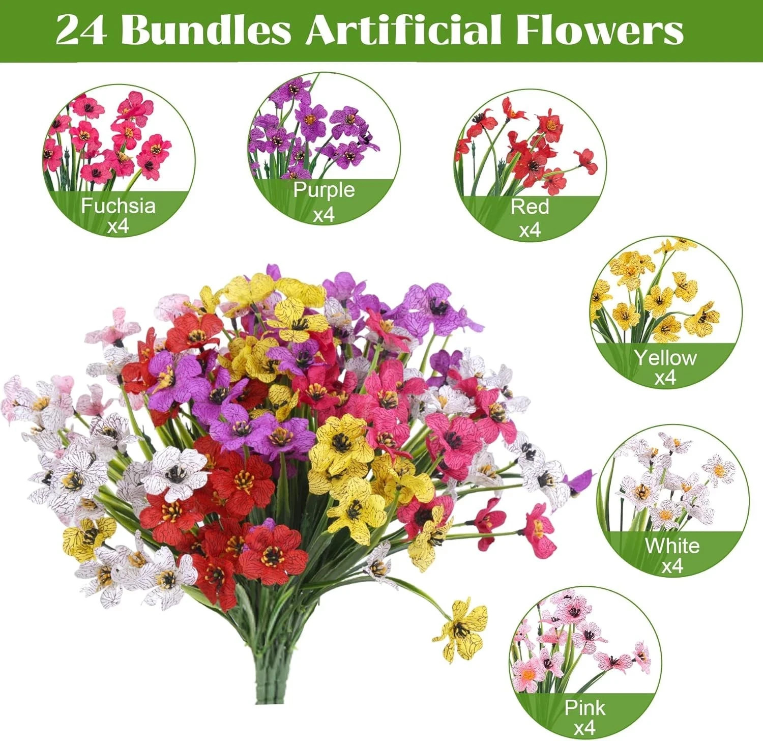 24 Bundles Artificial Flowers for Outdoors Decoration, UV Resistant Mixed Color