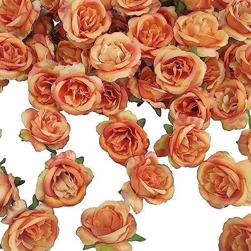 2.2”Artificial Satin Orange Rose Flower Heads,80Pcs Silk Sunset Red Rose Hea…