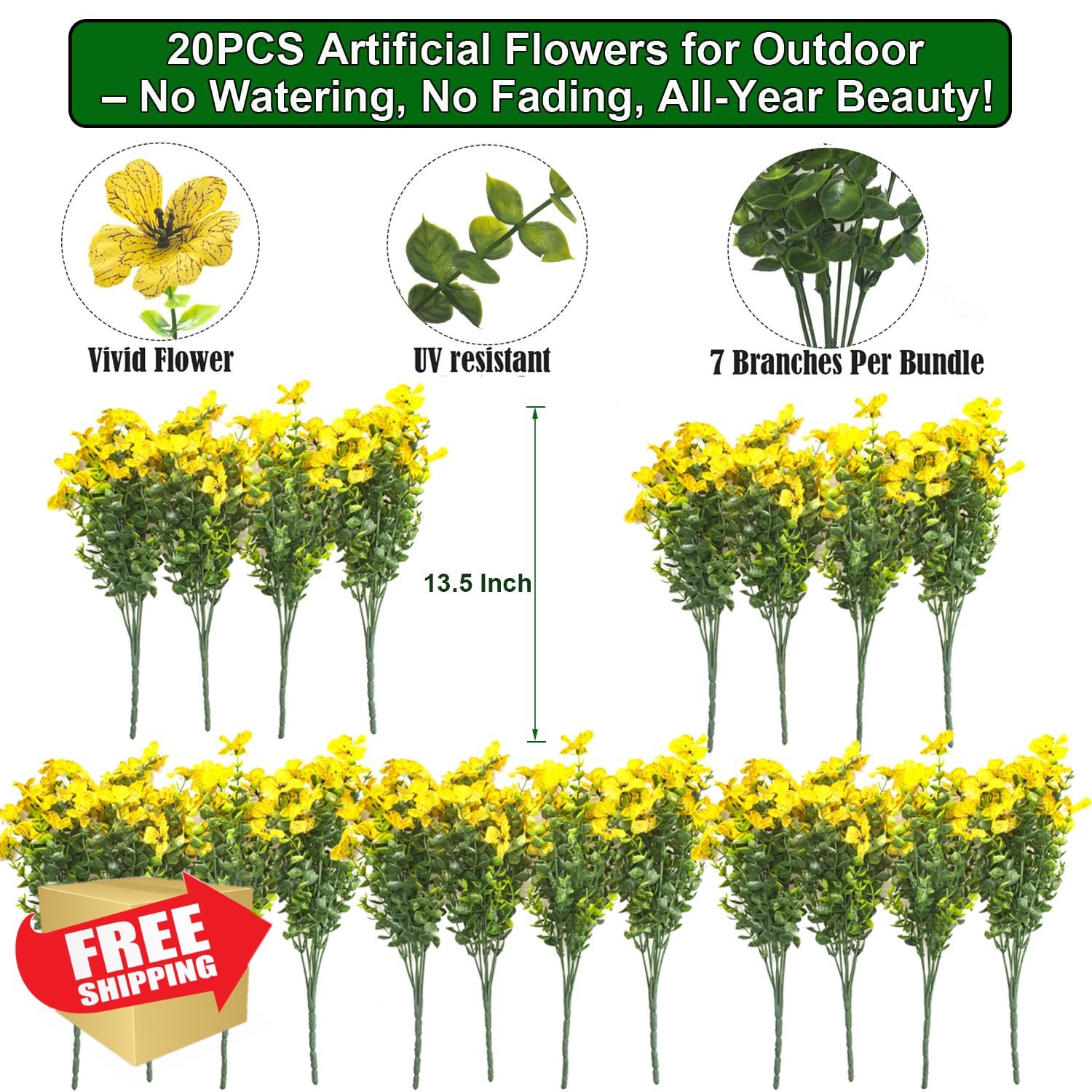 Grunyia 20 Bundles Artificial Flowers Yellow Outdoor UV