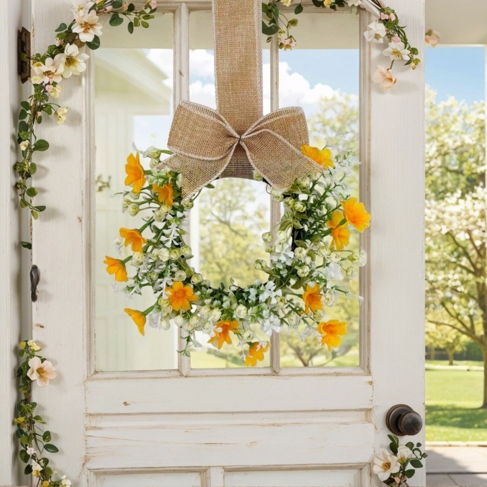 Floral Garland Wreath 23cm Plastic Spring Style for Office Home Door Decor