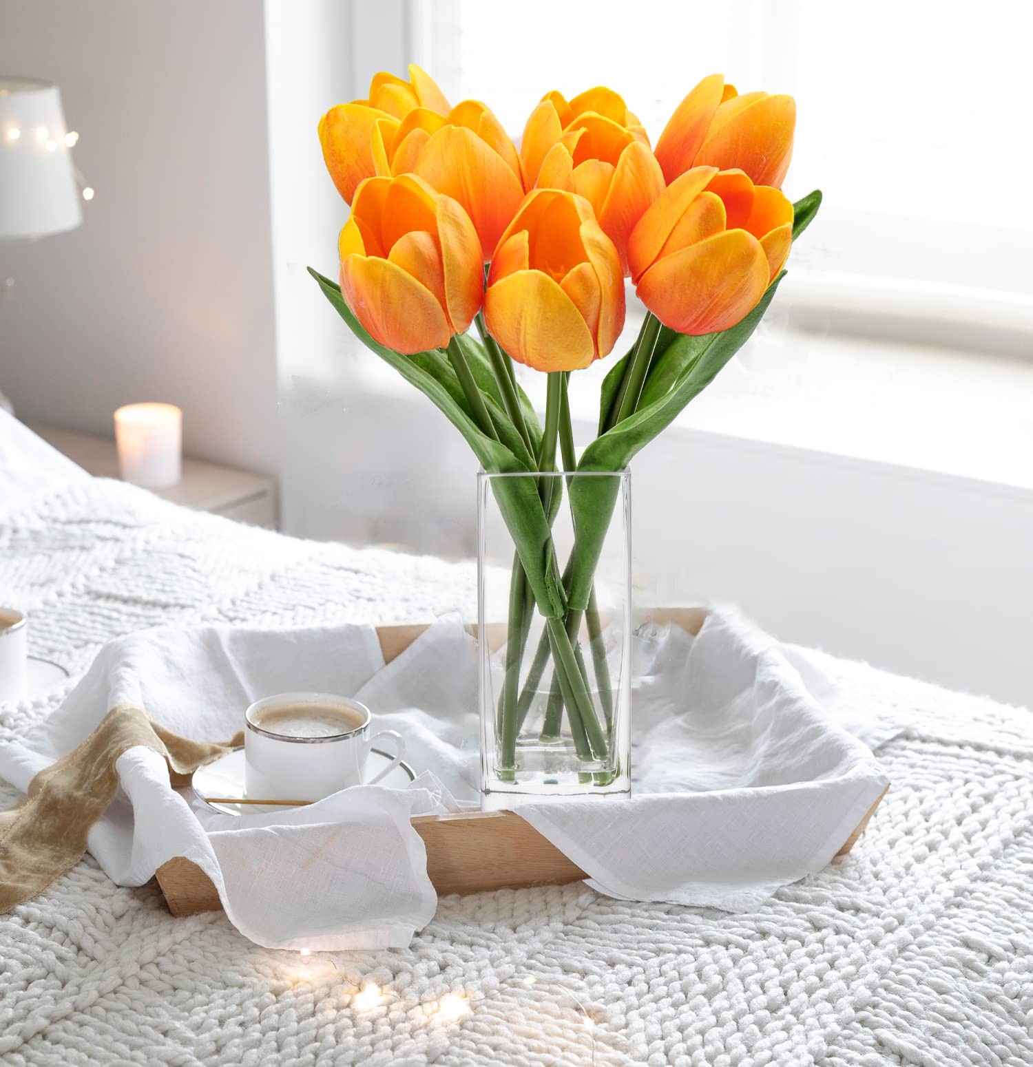 Orange Artificial Tulip Fake Flowers Clear Vase Real Touch Arrangement