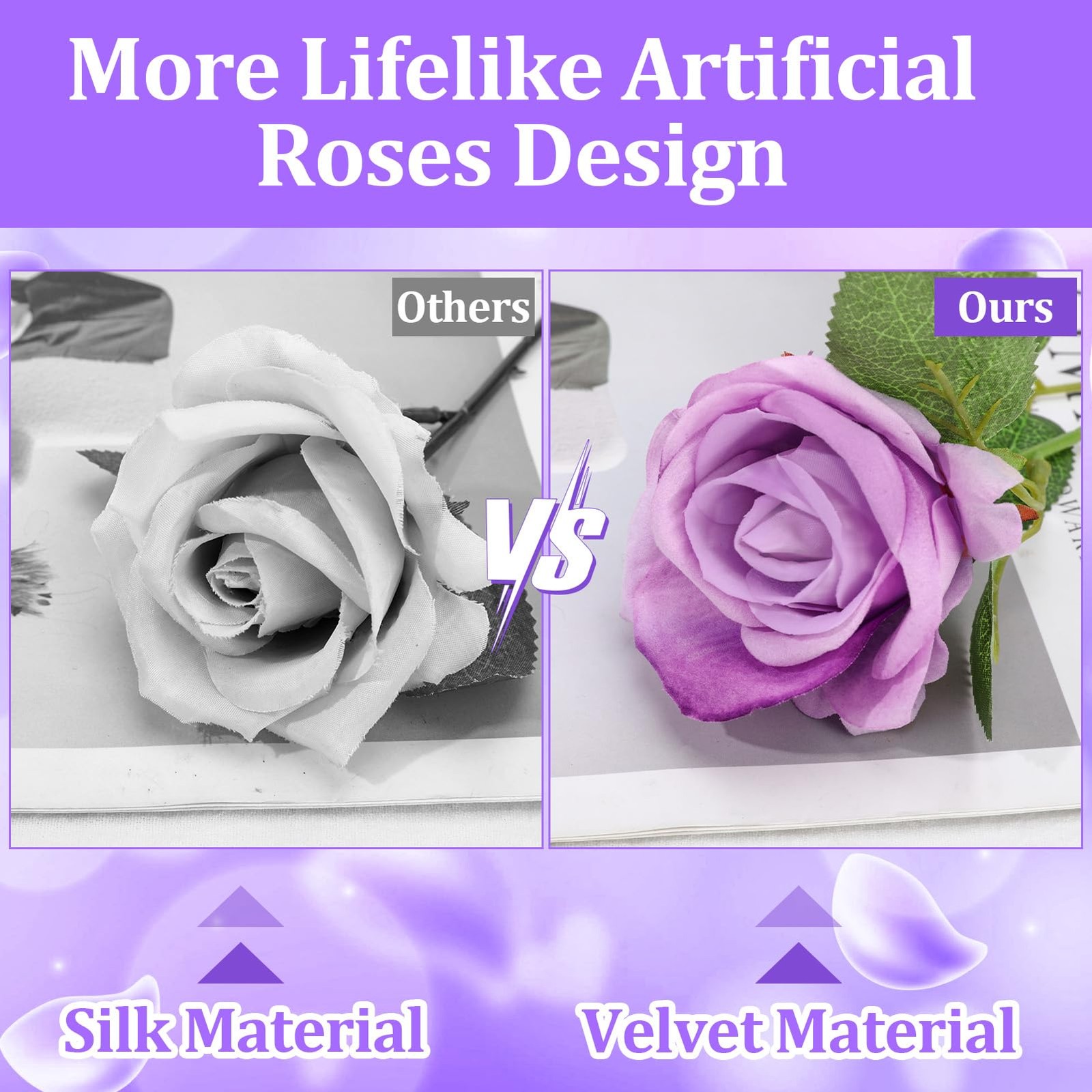 Ovveroche 90 Pcs Purple Velvet Rose Artificial Flowers with Long Stems, Fake …