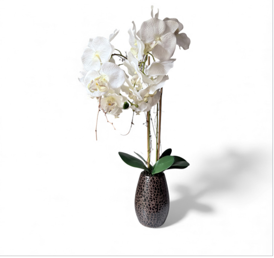 artificial white Phalaenopsis orchid arrangement in a brown textured vase 27”….
