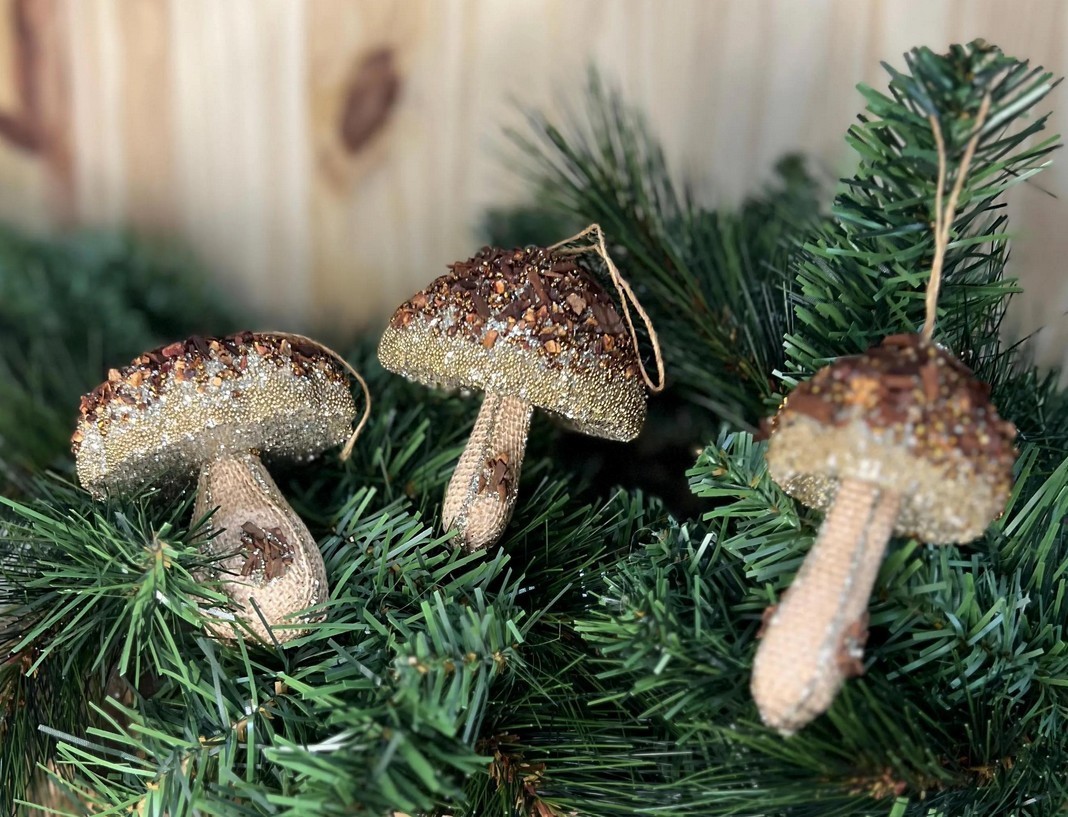 Glitter Mushroom Christmas Ornaments Set of 3 Rustic Woodland Gold Bead Tree Dec