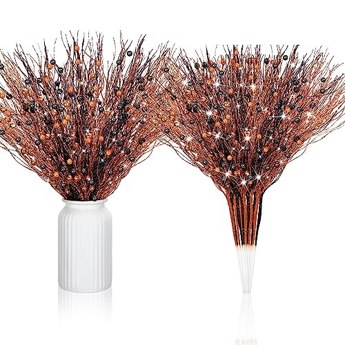 16 Pack Artificial Glitter Berry Stem, 17 Inches Fall and Black, Orange