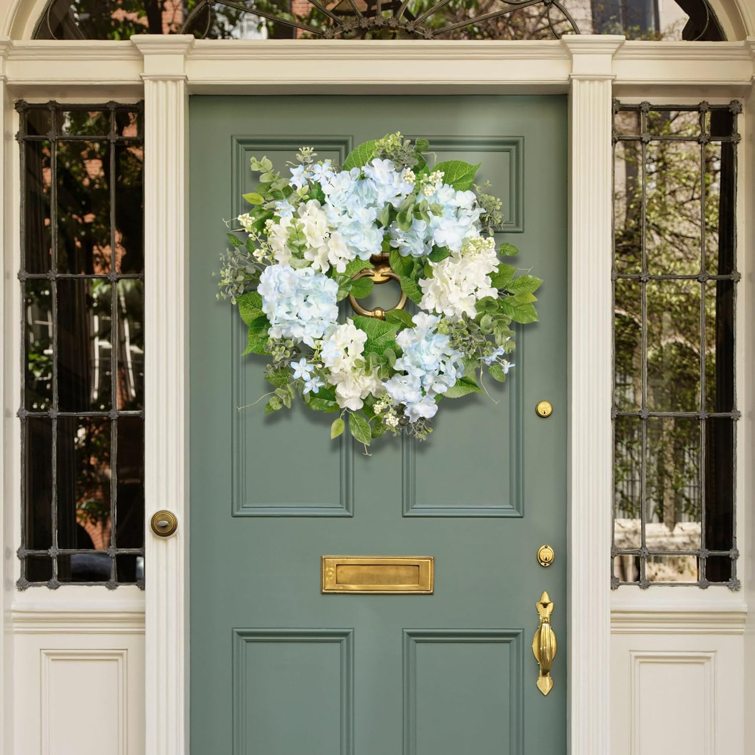 Spring Wreath Artificial Hydrangea Eucalyptus 20IN, Light Blue White Green, Spri