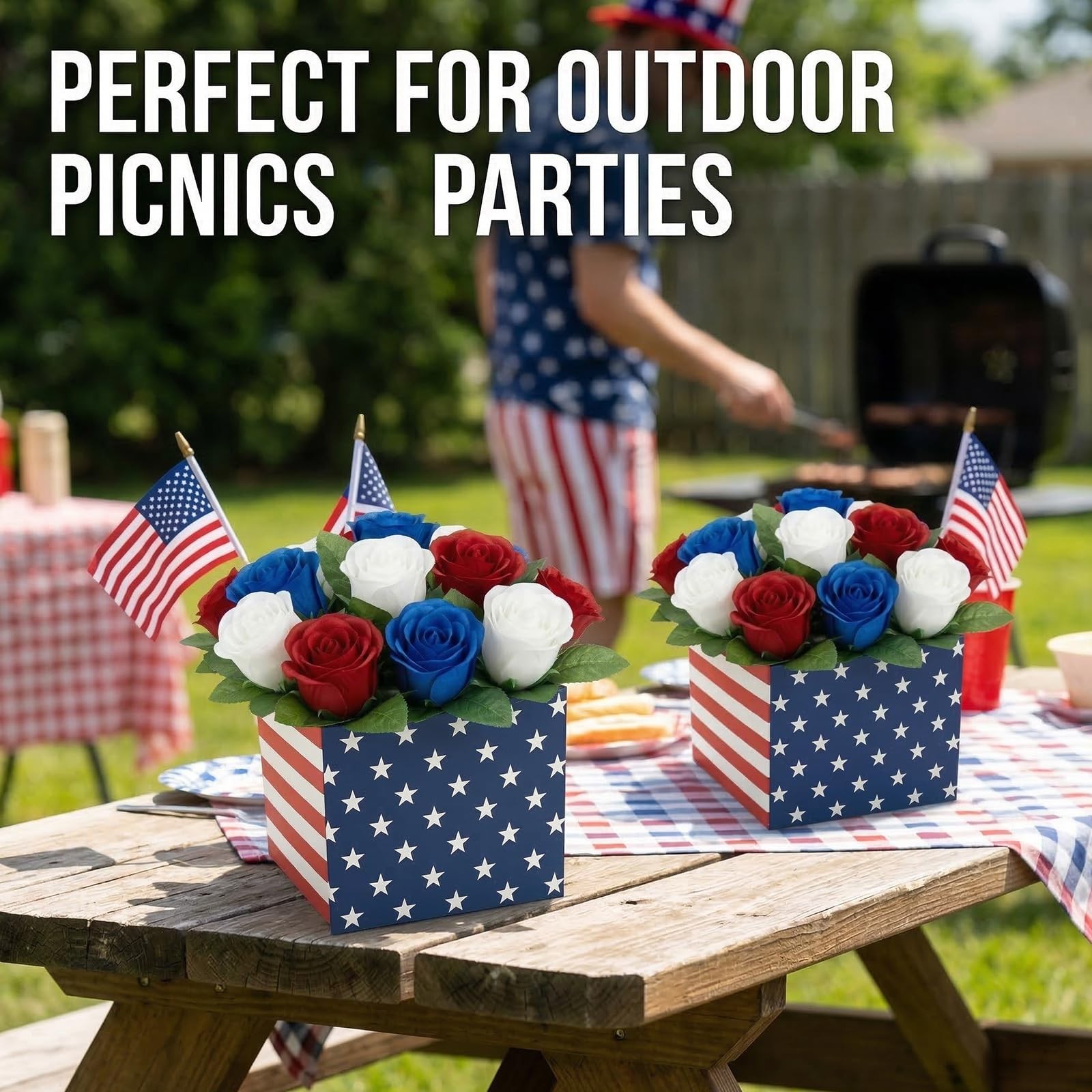 Red White and Blue Patriotic Table Centerpiece Decor American Flag Box Decora…