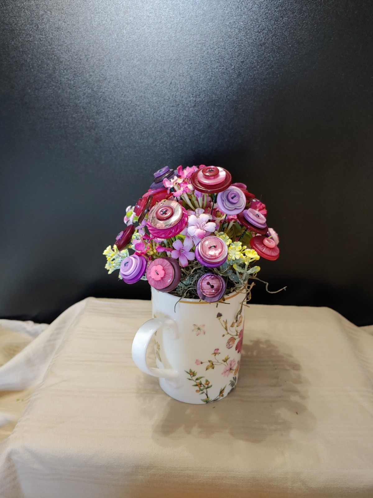 delicate floral mug with pink purple yellow BUTTON BOUQUET