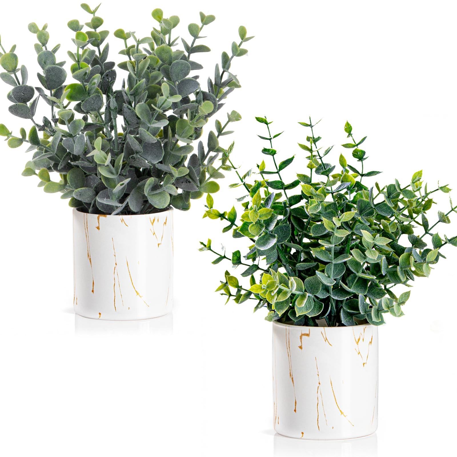 2 Artificial Eucalyptus Plants in White Ceramic Pots Faux Greenery Desk Decor